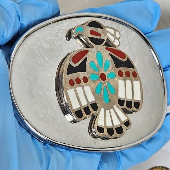 Thunderbird Bird Native American Peyote Southwest 80s Vintage Inlaid Belt Buckle - Picture 7 of 8